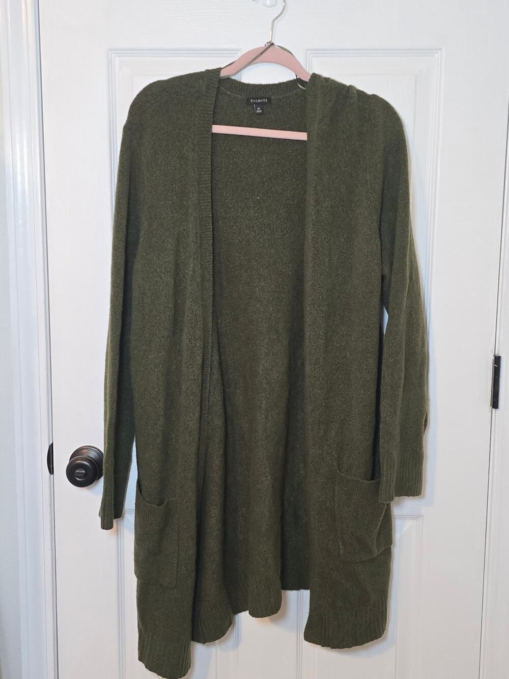 Talbots Olive Green Long Open Front Cardigan Sweater Medium Duster Pocket Knit M
